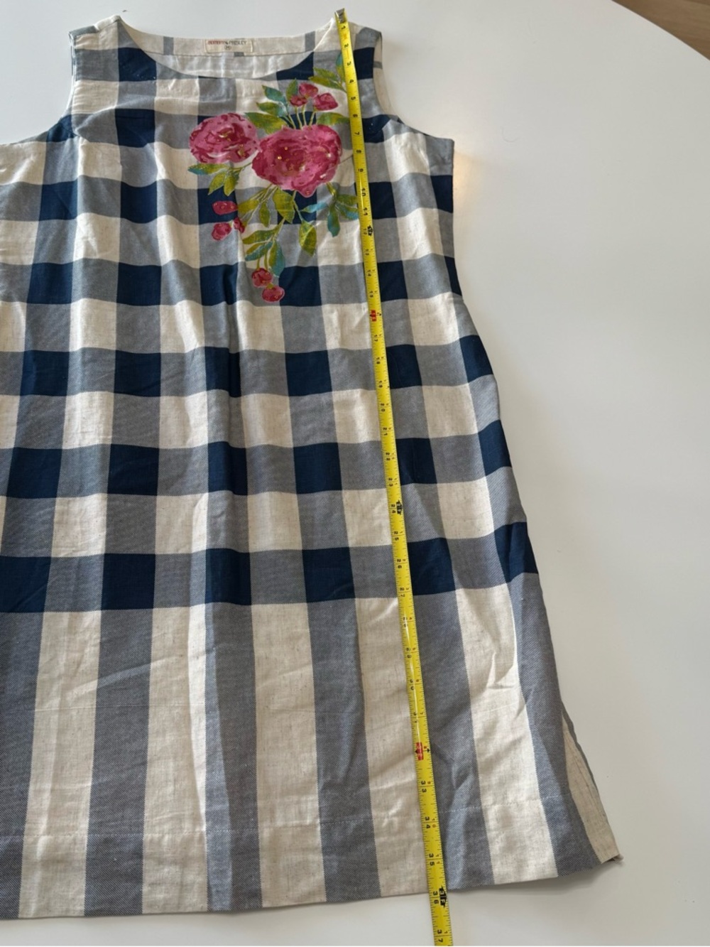 Navy and Cream Gingham Maxi Dress with Pink Floral Detail Size Medium NWOT - Picture 6 of 9